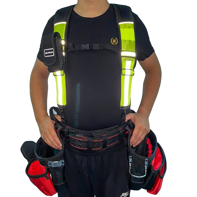MELOTOUGH Reflective Safety Suspenders Tool Belt Suspenders Construction Work Suspenders with detachable phone holder comfortable foam shoulder padder (Lime) Safety Reflective Tool Belt Suspenders with Lime Color