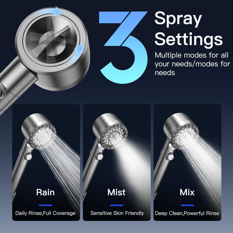 Vatex Filtered Shower Head with Handheld, High Pressure 4 Spray Showerhead with ON/OFF Switch, Shower Heads with 2 Filters for Hard Water Remove Chlorine, Reduce Dry Itchy Skin, Gray