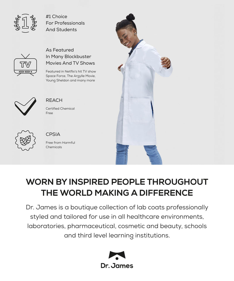 Dr. James Men’s Lab Coat – White Medical Coat, Slim Tailored Fit, Consultation Length 36”, OEKO-TEX® Certified Medium