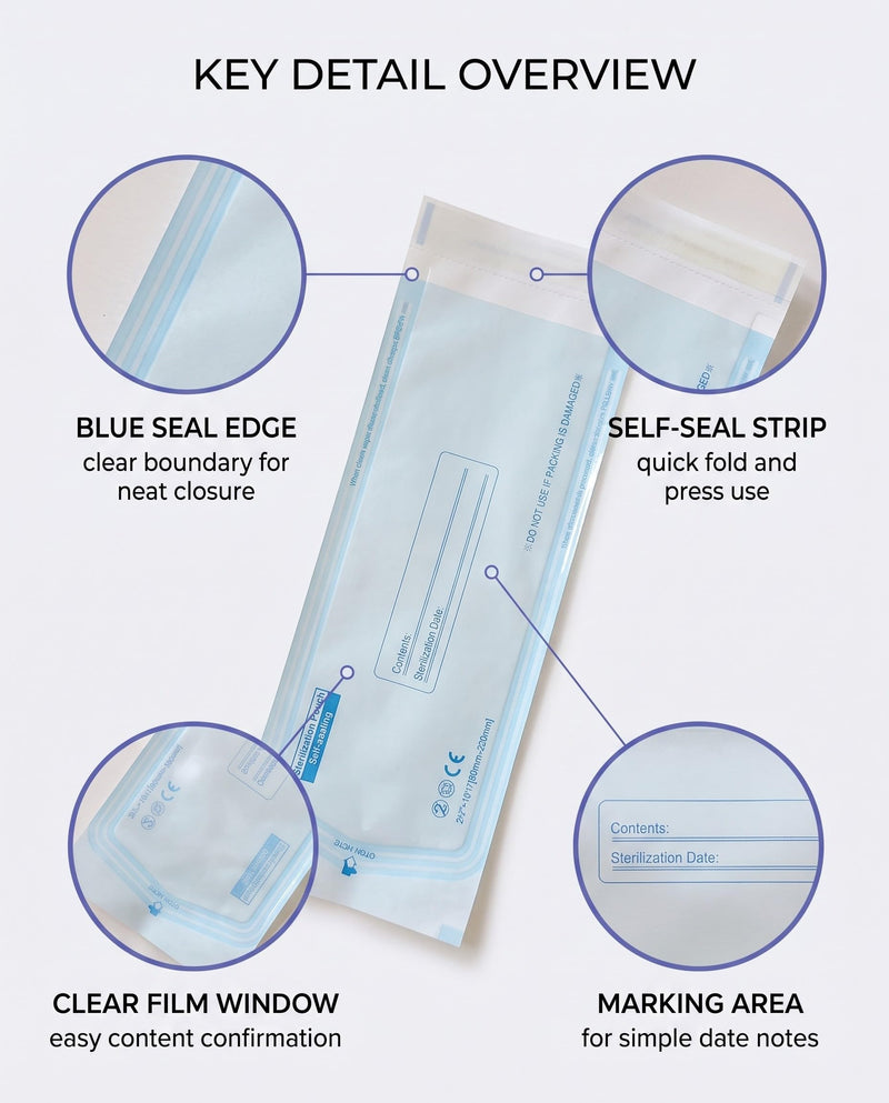 YUZNA 50x Disposable Sterilization Bags with SK Closure, 90x260mm, Self-Adhesive, Sterilization Bags for Autoclaves