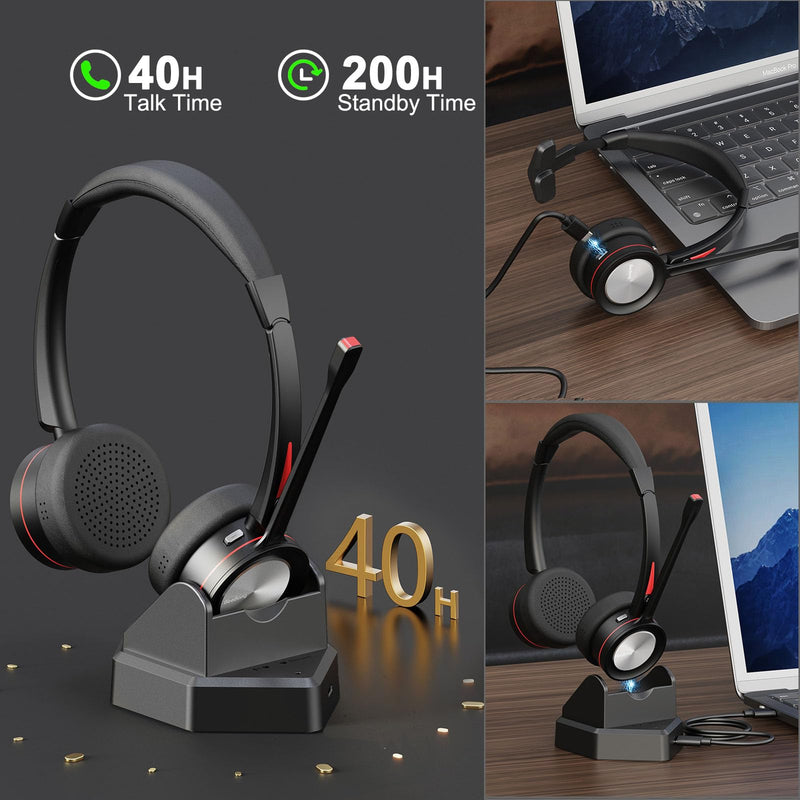Bluetooth Headset with Microphone for PC, Wireless Headset with Mic & Mute Button, 40 Hrs Working Time, Noise Cancelling Bluetooth Headset 5.2 for Work Office Laptop Teams Business Meeting