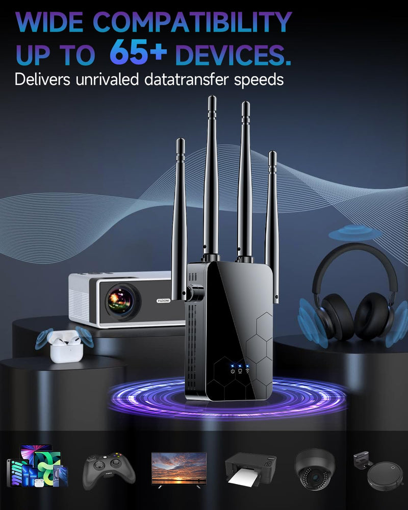 2025 WiFi Extender Internet Booster, 10000 Sq.ft Long Range Repeater Wireless Routers Amplifier, Mesh Wi-Fi 80% Faster | Broader Than Ever, Support More Network Devices at Home, 1-Tap Setup black