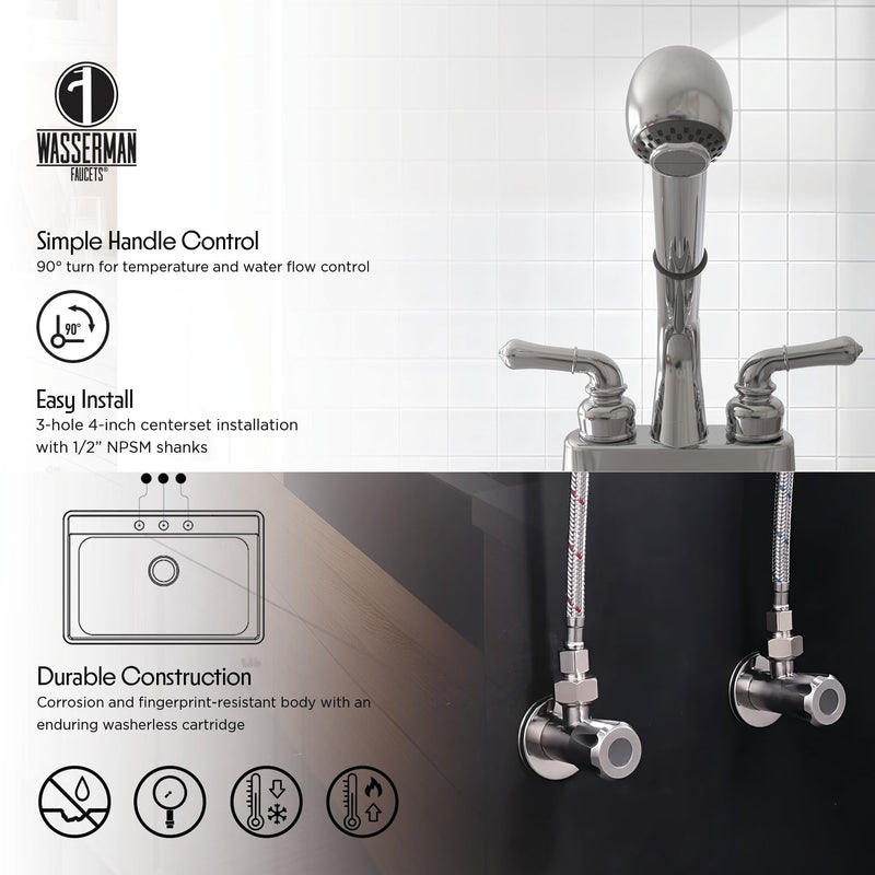 WMF 2 Handle Utility/Laundry/Shop Sink Faucet with Pull Out Sprayer in Chrome, Non-Metallic ABS Plastic, 4" Centerset for Laundry Room, Garage, Mud Room, RV