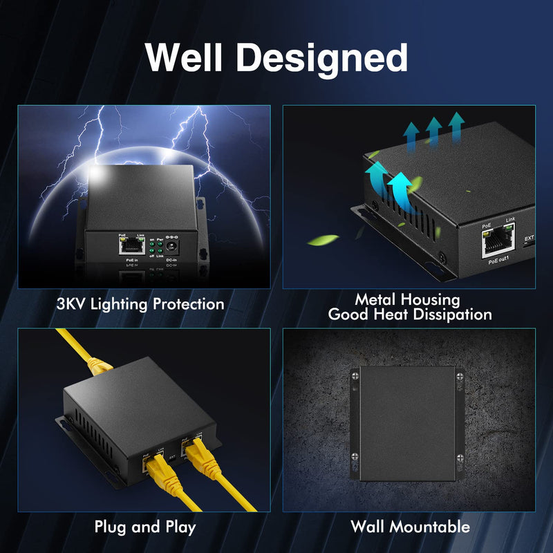 MokerLink 3 Ports 100M PoE Passthrough Switch, IEEE 802.3af/at PoE Repeater, 10/100Mbps, 1 PoE in 2 PoE Out, Wall Mount, PoE Extender/Injector/Network Extender Three in one 3 Port 100M