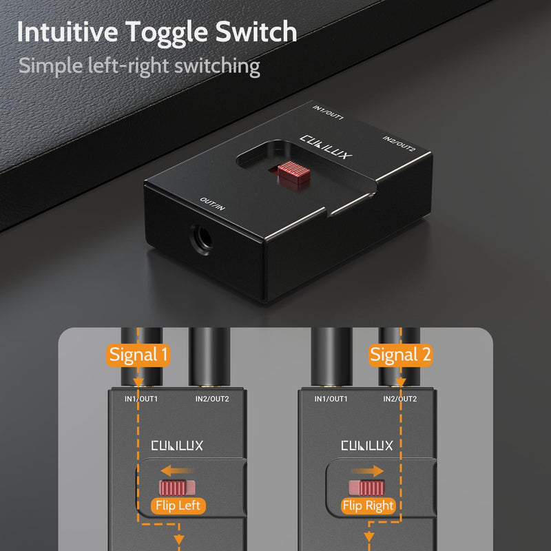 Cubilux 3.5mm Audio Selector, Bidirectional 2-In-1-Out or 1-In-2-Out 1/8-in TRS Headphone Switcher, Ultra-Compact Aluminum Case Passive Toggle A/B AUX Switch Box for PC