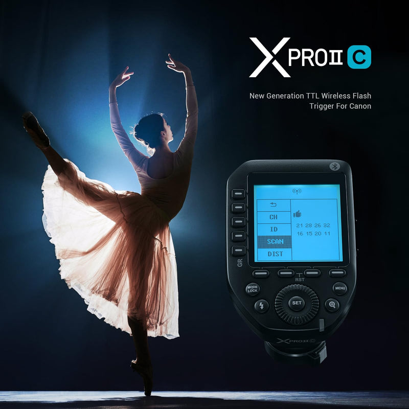 Godox XProII-C TTL Wireless Flash Trigger Compatible for Canon Cameras, 2.4G Wireless Flash Transmitter HSS 1/8000S,Bluetooth Connection, TCM Transform Function, New Hotshoe Locking, Large LCD Display