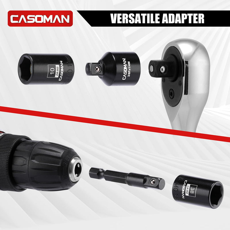 CASOMAN 30PCS 1/4” Drive Magnetic Shallow Impact Socket Set, 6 Point, CR-MO, SAE & Metric, Include Extension Bars, Socket & Hex shank Adapters, Universal Joint
