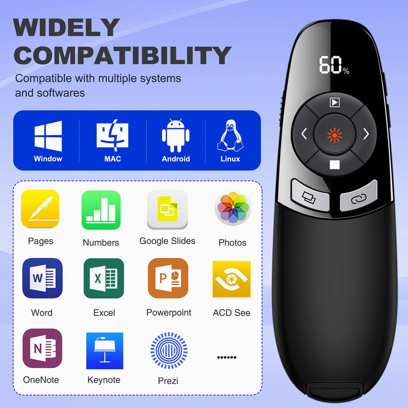 Presentation Clickers for PowerPoint with Timer, Wireless Rechargeable Laser Pointer for Laptop Presentations Remote, Power Point Remote Clicker for Computer/Mac/PPT/Google Slide Advancer