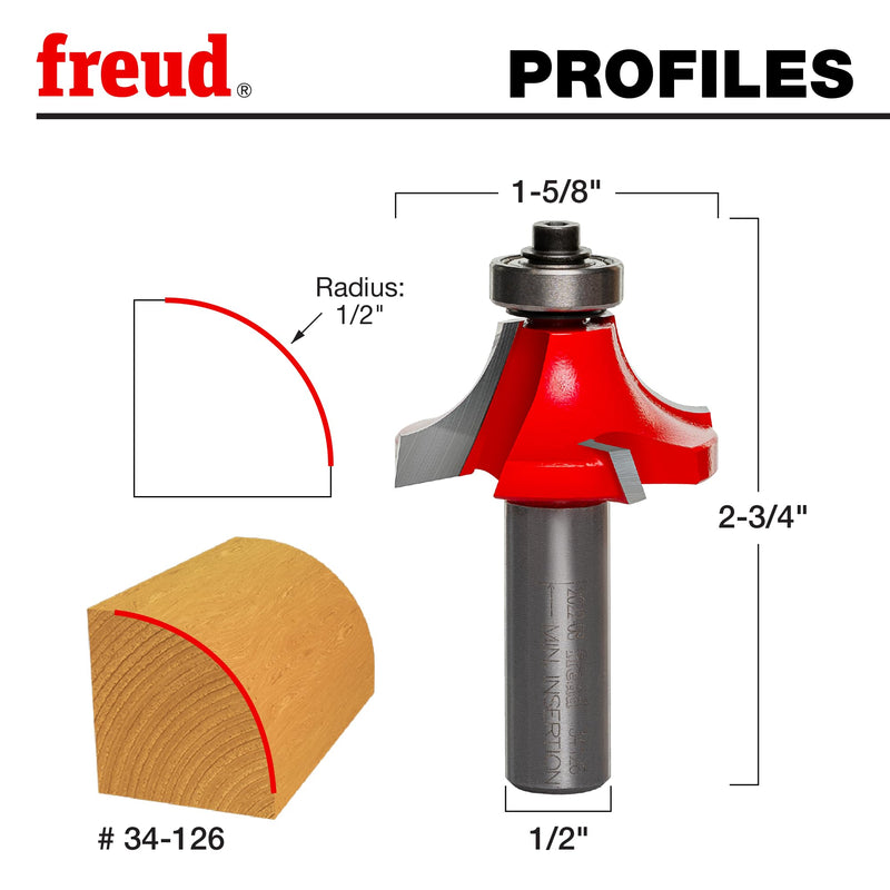 Freud Quadra-Cut Radius Rounding Over Bit with Perma-Shield Coating for Flawless Finish - 4 Cutters, 1/2" Shank Dia., 1/2" Radius, 2-3/4" Length - 34-126