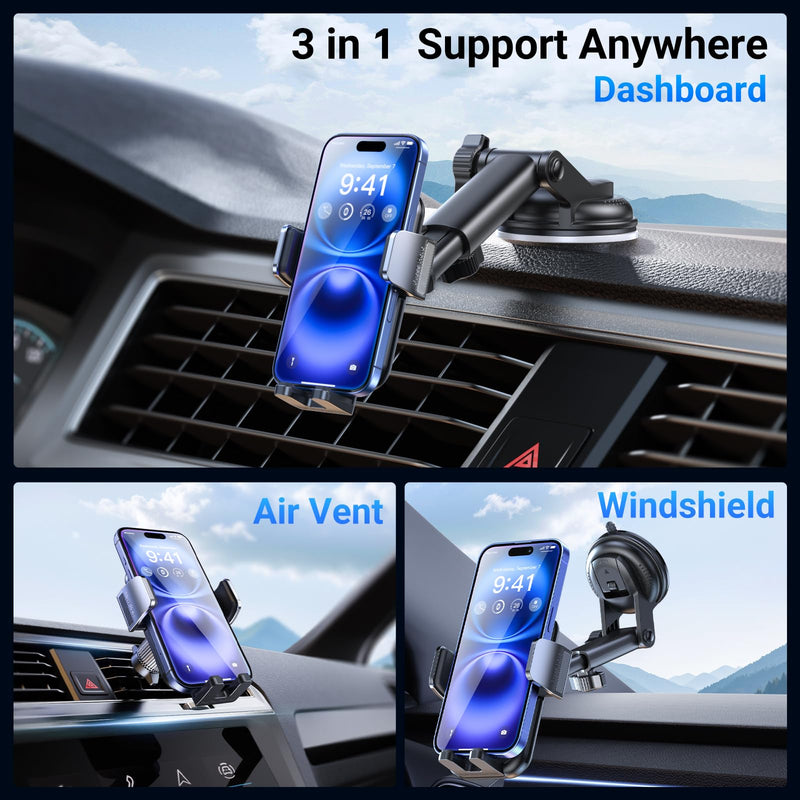 3-in-1 Car Phone Holder [122+LBS Strongest Suction & Stable Clamp Arm] 360° Adjustable Car Phone Mount, Cell Phone Holders for Your Car for Dashboard Vent, All Smartphones & Car Models (Black) Black