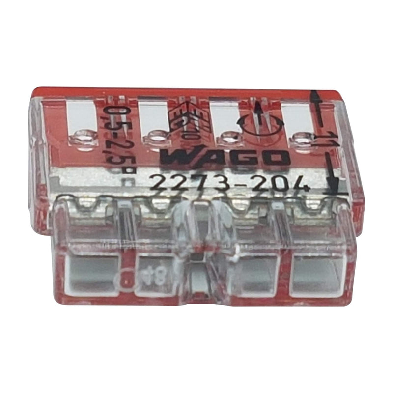 Pack of 30 Wago 2273-204 Compact Connectors for Junction Boxes, Diameter 0.5 - 2.5 mm², 4-Pin, Transparent/Red | 4-pole, 450 V Push-in terminals in transparent/red for solid conductors, 0.5 - 2.5 mm² nominal cross-section, 24 A rated current