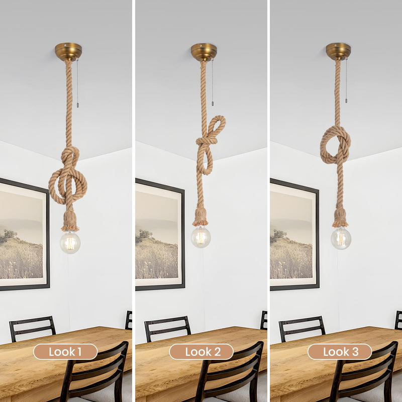KEESFU Hemp Rope Pendant Light Rope Chandelier,Rustic Ceiling Light with Pull Chain,Vintage Boho Pendant Hanging Light Height Adjustable for Kitchen Island Hallway Bedroom Dinning Table 1-light