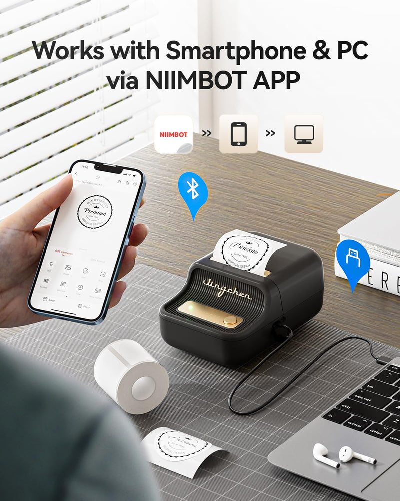 NIIMBOT B21 Label Maker, 2 Inch Portable Thermal Label Printer, Label Maker Machine with Tape, Compatible with Android, iOS & PC,Labeling for Home Storage Office and Small Business,Black Black
