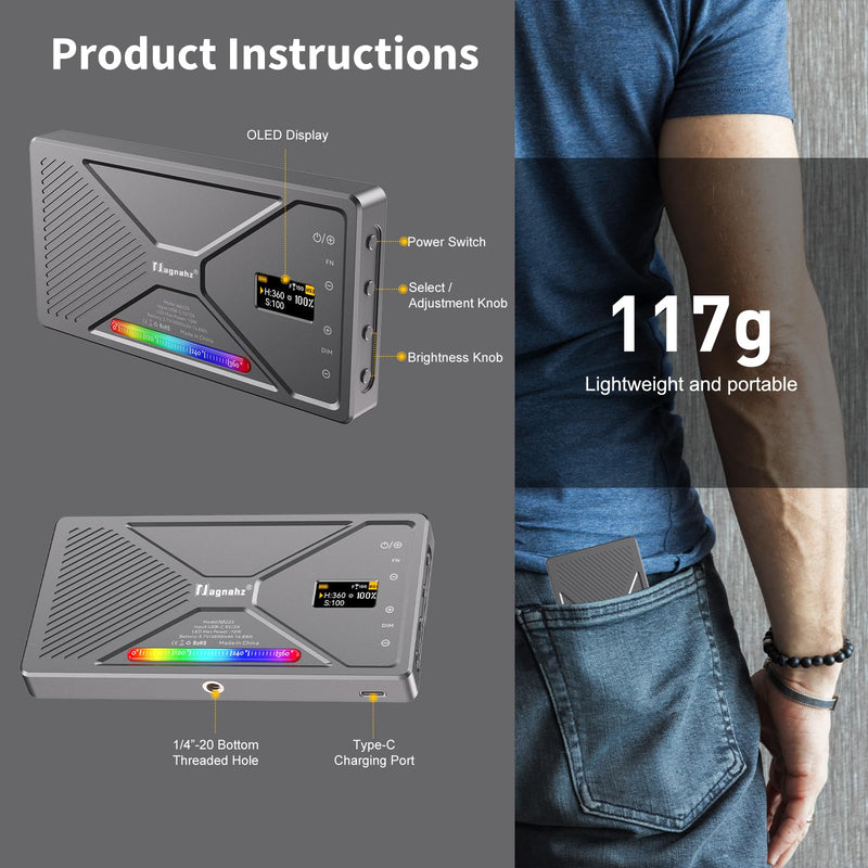 NA225 RGB Video Light App Control, 2500K-9900K, Build-in 4000mAh Rechargeable Battery Portable Phone Camera Photo Lights for Studio Photography Vlogging Streaming Live Beauty and Filming Metal gray