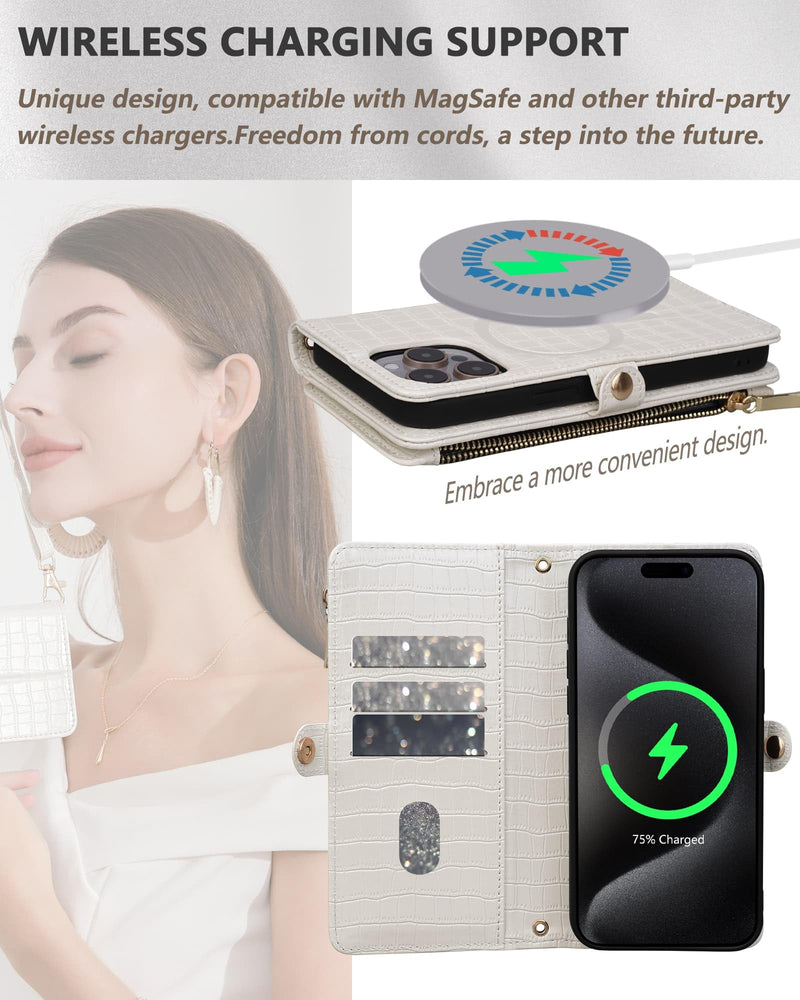 Wallet Case for iPhone 15 Pro Max with Mirror Zipper Magnetic Closure RFID Blocking Card Holder, Wristlet & Crossbody, PU Leather Shockproof Wireless Charging 6.7" Women Men (White) White