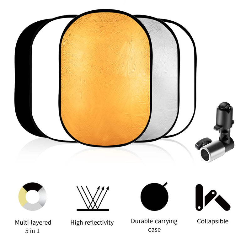 Selens 40"x 60"/100 x 150CM Photo Light Reflector Photography Kit 5-in-1 Gold/Silver/White/Black/Diffuser with Holder Clip & Collapsible Multi-Disc Carrying Case for Studio Outdoor Lighting