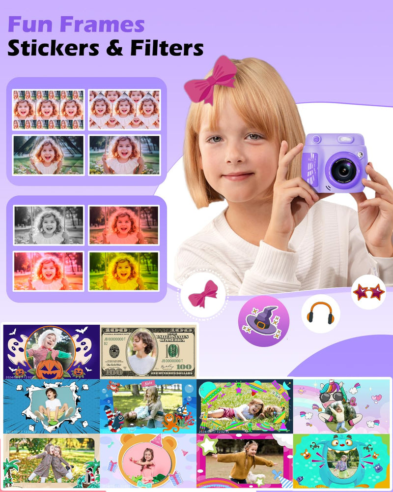Kids Camera Instant Print, Christmas Birthday Gifts Toys for 3-10 Year Old Boys Girls, 1080P Video 20MP Toddler Digital Camera with 3 Rolls Paper & 32GB Card - Purple