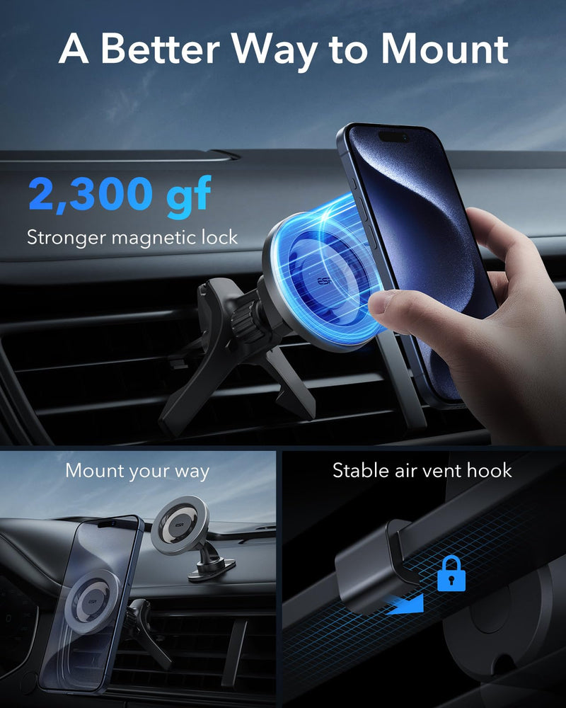 ESR for MagSafe Car Mount (HaloLock), Air Vent/Dashboard Magnetic Phone Holder for Car, Car Phone Holder Mount for iPhone 15/14/13/12, Strong Magnets, Car Accessories, Charging Not Supported, Grey