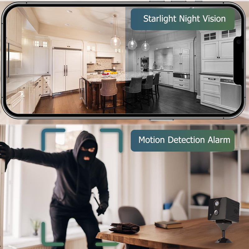 Mini Camera, Wireless Indoor Security Cam with long lasting Battery, AI Human Detection, Night Vision, Magnetic Mount, Gooseneck USB Cable, Compact WiFi Spy Camera for Home/Nanny/Pet Monitoring