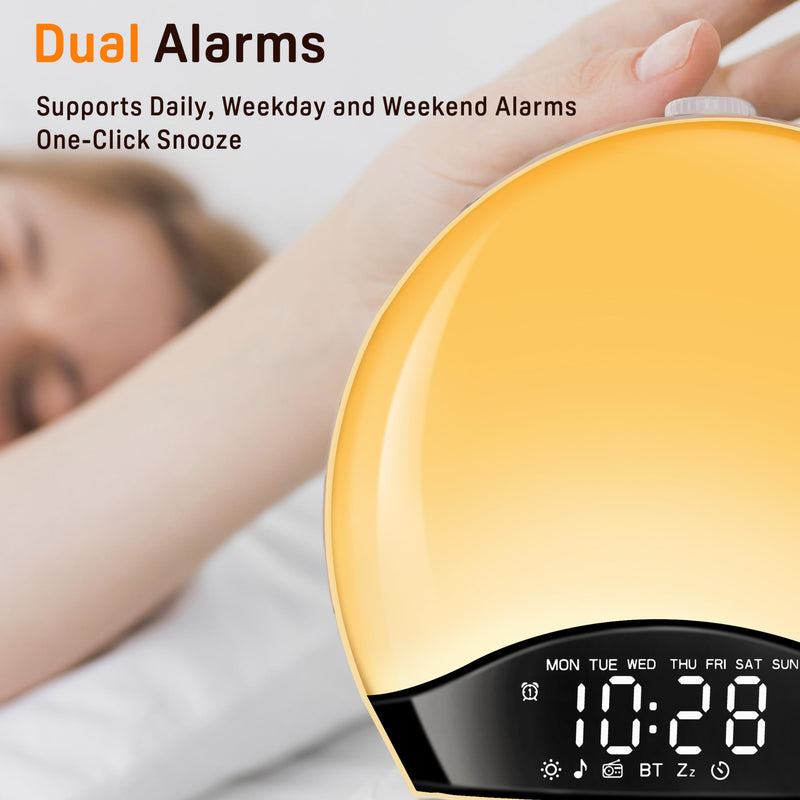 Wake Up Light Sunrise Alarm Clock for Kids, Heavy Sleepers, Bedroom, Bluetooth Speaker Sound Machine with 22 Natural Sounds, White Noise, Dual Alarms, FM Radio, 17 Color Night Lights, Ideal for Gift