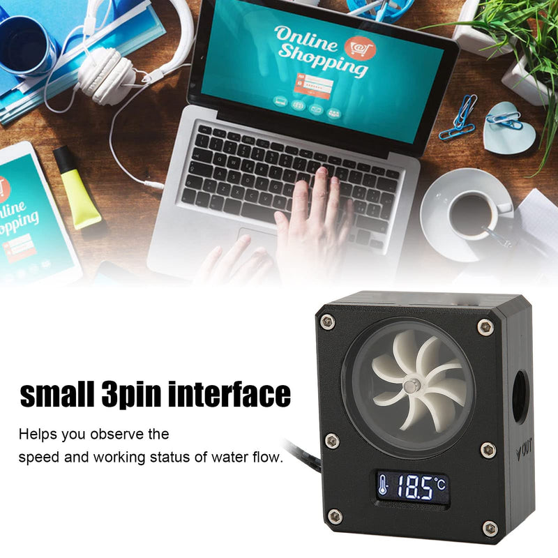 Water Flow Meter for PC, 8 Wheels Flow Meter Display Water Flow Sensor with G1/4 Thread for PC Water Cooling System, Small 3 Pin 12V Flow Meter with LCD (Black) Black