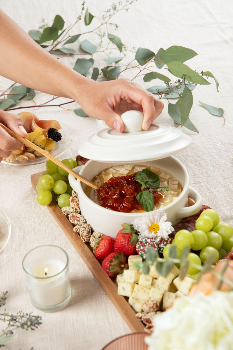 Brie Baker with Lid and Spreader - White Ceramic Baking Dish for Cheese, Baked Brie, Fondue, Dip - Oven Safe Baker Crock - 5” - Fits Standard Camembert Wheel - Gift Charcuterie Accessories Ivory