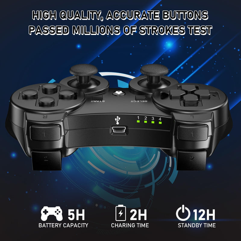 Diswoe Controllers for PS-3, Wireless PS-3 Controller 2 Pack, Bluetooth Gamepad Joystick, Double Vibrating Controller for Play_station 3 with 2 USB Charging Cables Thump Grips, Black Black+Black