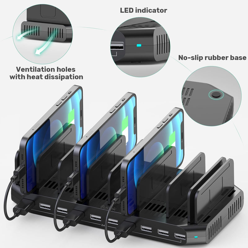 10-Port Multi Charging Station, 60W USB Tablet Charging Station for Multiple Devices, USB Charging Dock Multi Device Charger Organizer with Adjustable Dividers for Tablets, Smartphones Ebony
