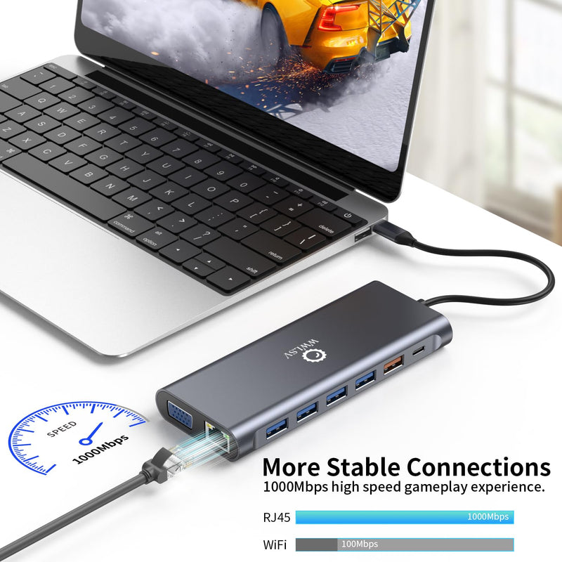 Laptop Docking Station Triple Display – 14-in-1 USB C Hub with Dual 4K HDMI, 1080p VGA, 100W Power Delivery, 10Gbps USB-C/USB-A, Gigabit Ethernet, SD/TF, Audio Mic – For MacBook/HP/Dell/Lenovo/Surface