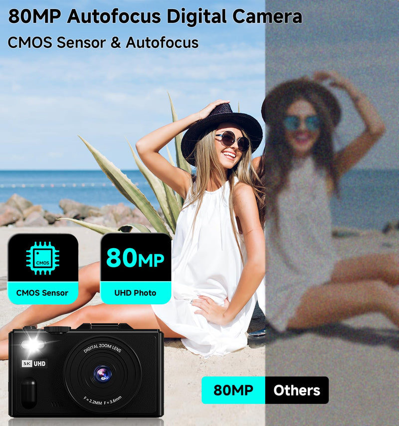 Digital Camera, 5K 80MP Travel Camera for Photography Compact Camera for YouTube with 3" 180° Flip Screen with 18X Zoom Autofocus Vlogging Camera with 64GB SD Card for Teens Beginner (Black) Black