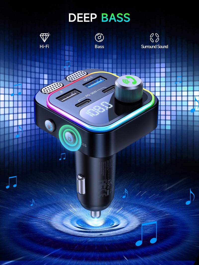 60W Bluetooth 5.4 FM Transmitter Car Adapter [Reinforced Dual Mics & Deep Bass] [Dual PD 60W & QC3.0] Fast Charging Handsfree Calling Wireless Radio Bluetooth Transmitter for Car [Black] Black