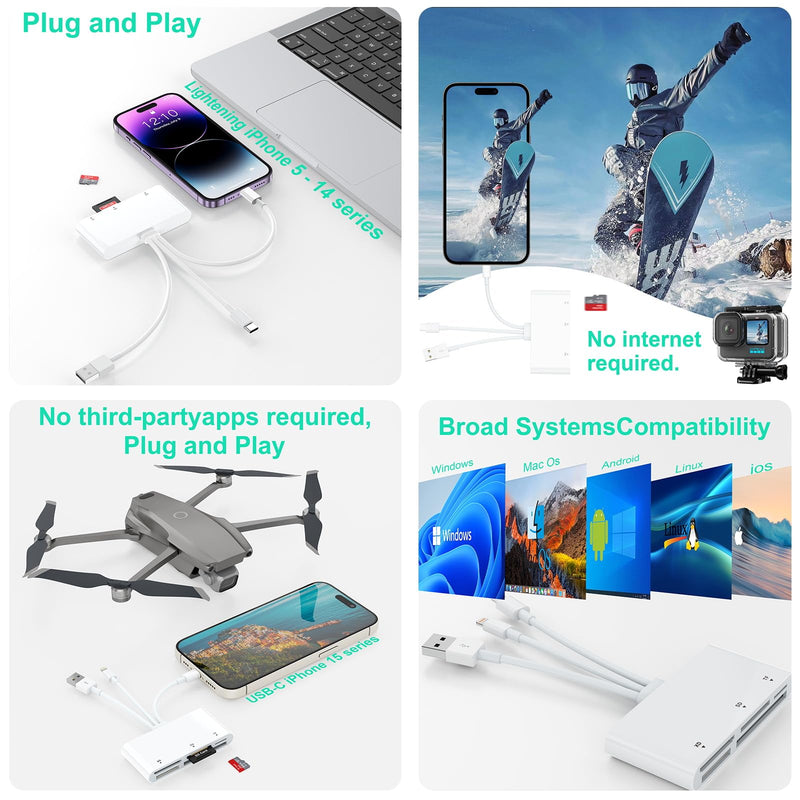Multi 8-in-1 Lightning/USB C/USB A Memory Card Reader for iPhone 15 14 13/iPad/Android/Samsung/Mac Book/Laptop/Camera/Hard Disk/Flash Drive,OTG Memory Adapter for SD/TF/CF/XD/MS/Micro SD/SDHC XC/MMC