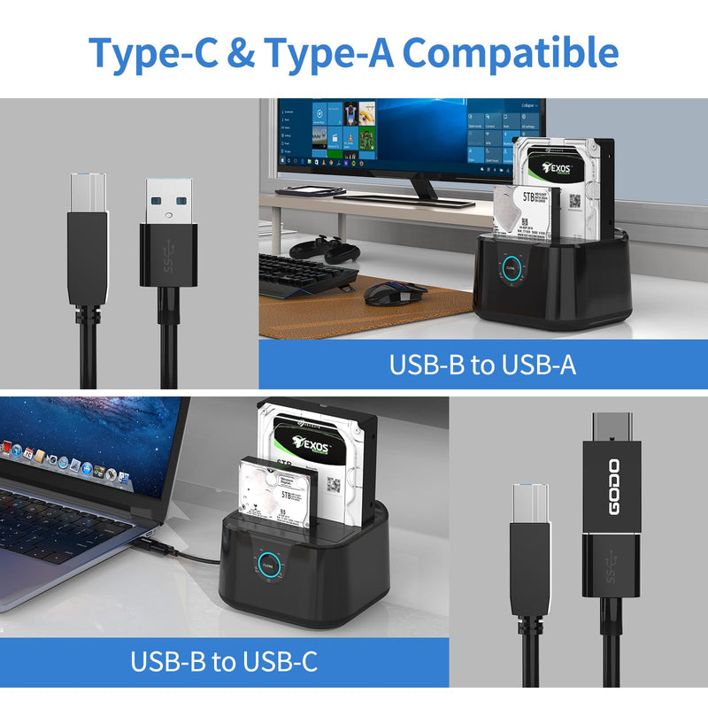 GODO USB 3.0 to SATA III Mini Dual Bay External Hard Drive Docking Station for 2.5 / 3.5 inch HDD SSD,Support Offline Clone,Hot Pluggable,with USB C Adapter,UASP