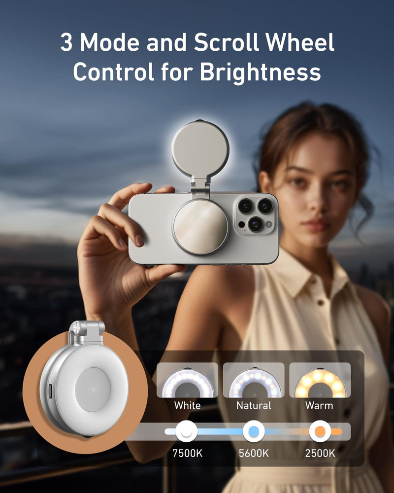 TELESIN C03 Magnetic Selfie Light, Phone Light Compatible with iPhone Magsafe, CRI97 360° LED Selfie Ring Fill Light with Mirror for Selfies/Photography/TikTok/Zoom Calls/Video Conference Silver