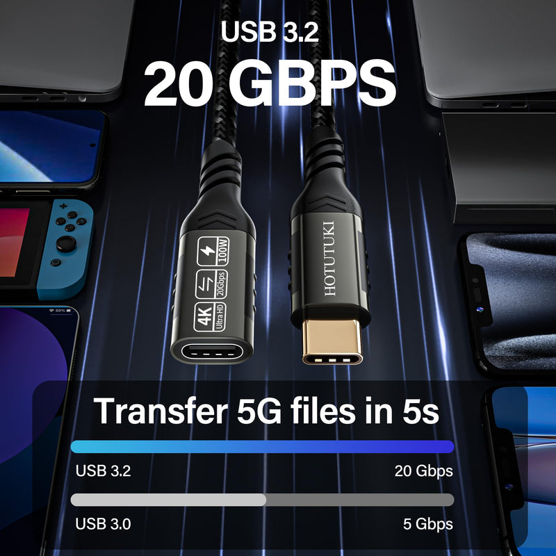 USB-C Extension Cable 16.5ft/5M, Male to Female Extender, Braided Data Cord, 100W PD Fast Charging, 20 Gbps 16.5 ft