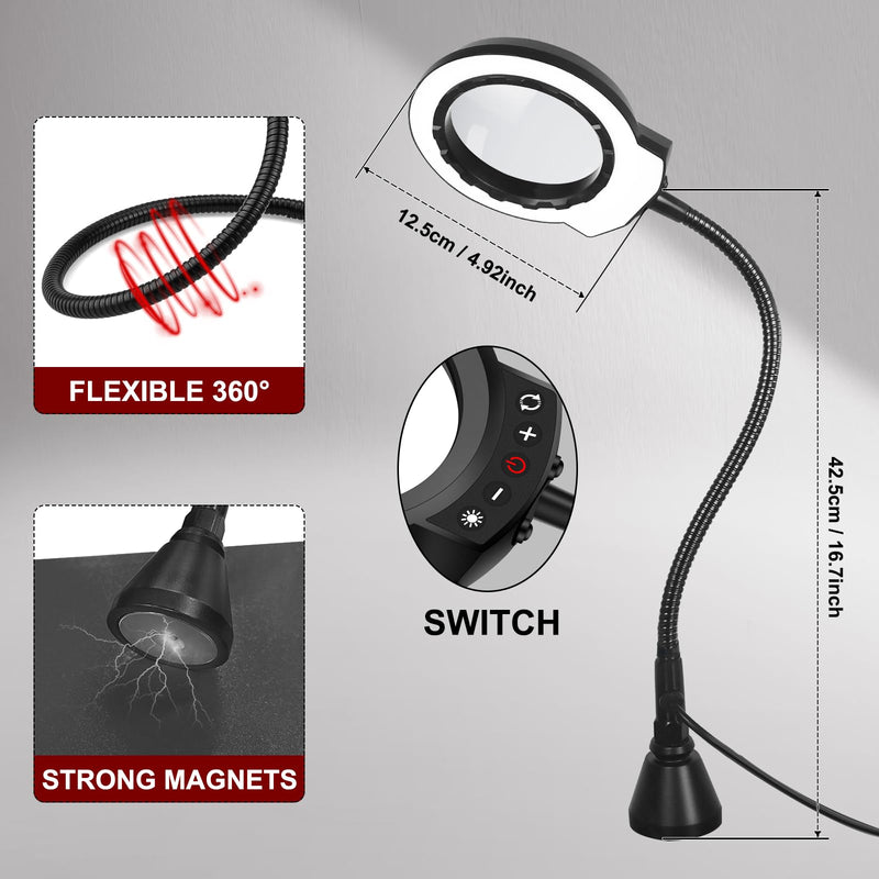 Helping Hands NEWACALOX Magnetic Magnifying Lamp, 5 Color Modes, 5X Magnifying Glass, Flexible Gooseneck, Soldering Helping Hands Base Station Black