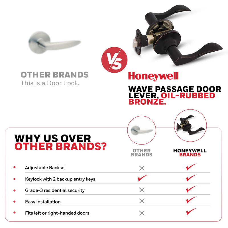 Honeywell Safes & Door Locks - Wave Lever Door Handle with Non-Locking Interior - Passage Front Door Lever is Ideal for Closets & Hallways - 6.88" L x 2.75" W Inches - Oil Rubbed Bronze - 8106403
