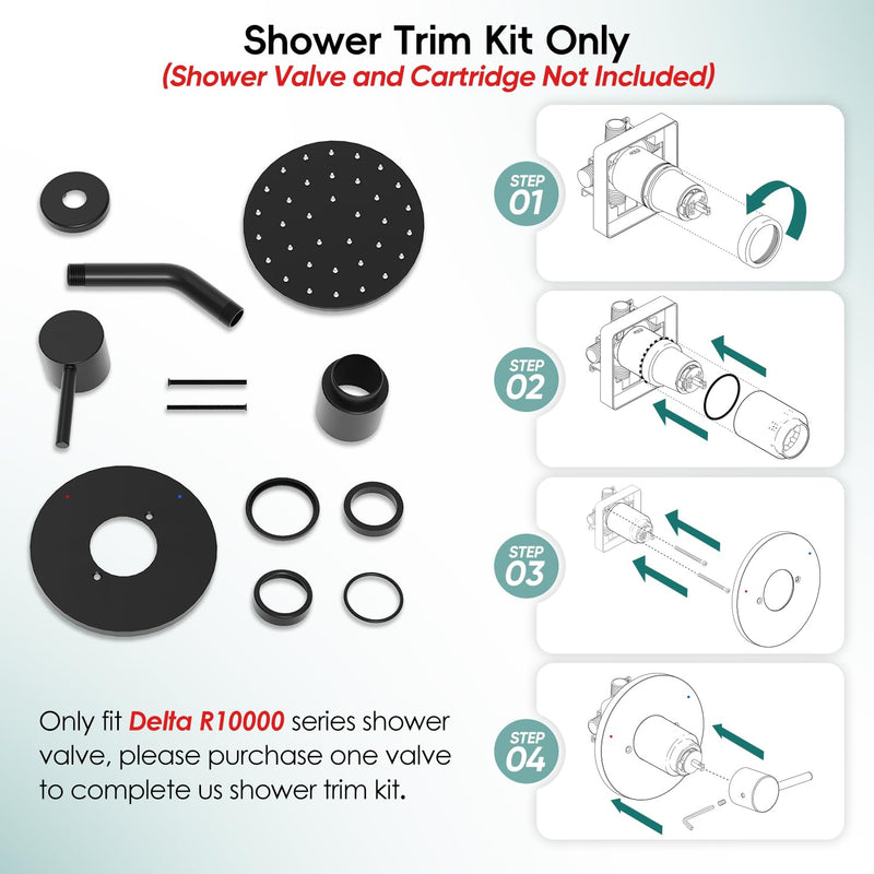 Replacement for Delta Shower Trim Kit 14 Series, Bathroom Matte Black Shower Faucet Set, 6-Inch Black Shower Head and Handle Set(Valve/Cartridge Not Included) Matte Black without Tub Spout