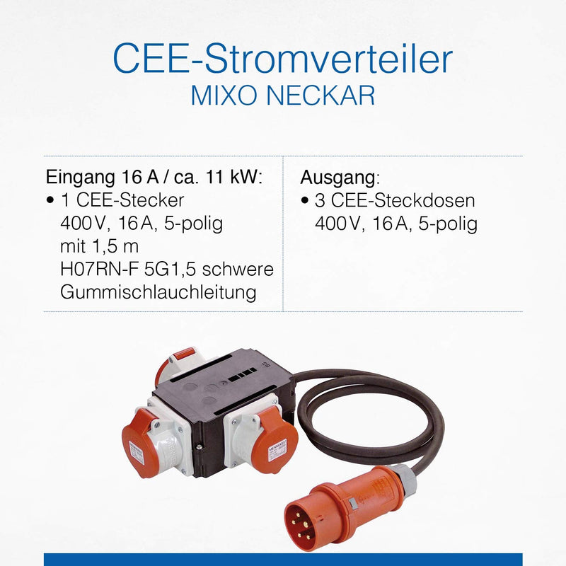 as - Schwabe MIXO adapter / power distributor NECKAR - CEE plug with 1.5 m rubber hose cable on 3 CEE sockets - Robust construction site heavy current distributor - IP44 - Made in Germany I 60526 MIXO NECKAR 16 A, 11 kW