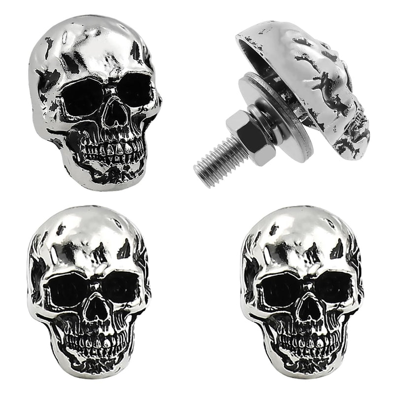 Skull License Plate Screw Fasteners Decorative Cool Funny License Plate Bolts License Plate Frame Kit 4 Pcs Aluminum Alloy Universal Fit Most Cars Truck Motorcycle Vehicle Silver