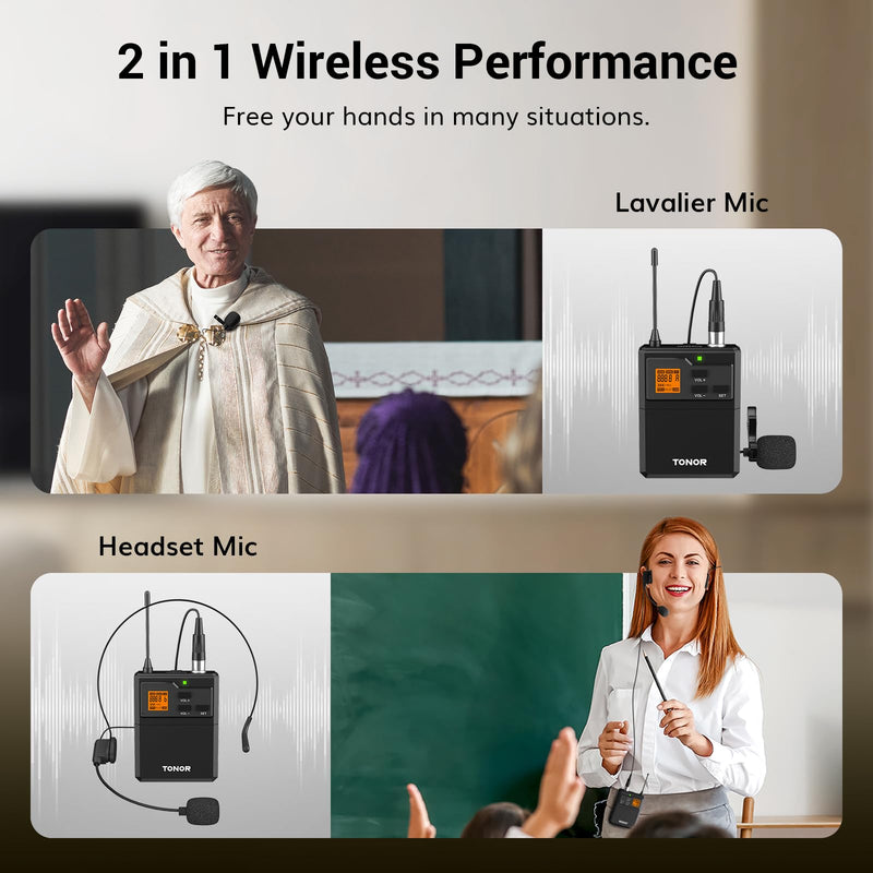 TONOR UHF Wireless Microphone System with Dual Headset Microphones/Lavalier Lapel Mics, Bodypack Transmitters, Mini Rechargeable Receiver, 2x15 Channels 200ft Range, for Recording Speech PA Speaker 2 Bodypack Mics
