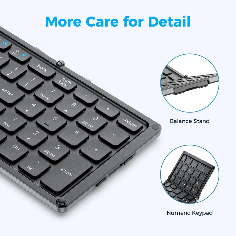 iClever Foldable Keyboard with Number Pad, BK09 Wireless Portable Keyboard for Travel and Business Trip, USB-C Charging Compact Keyboard for iPad, iPhone Mac Android Windows iOS, Sync up to 3 Devices