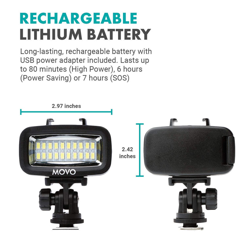 Movo LED-WP Underwater High-Power Rechargeable LED Video Light with Action Camera and Shoe Mounts, Compatible with GoPro, DSLR - Perfect for Vlogging, Traveling, Scuba Diving, Snorkel, Surfing, Sport