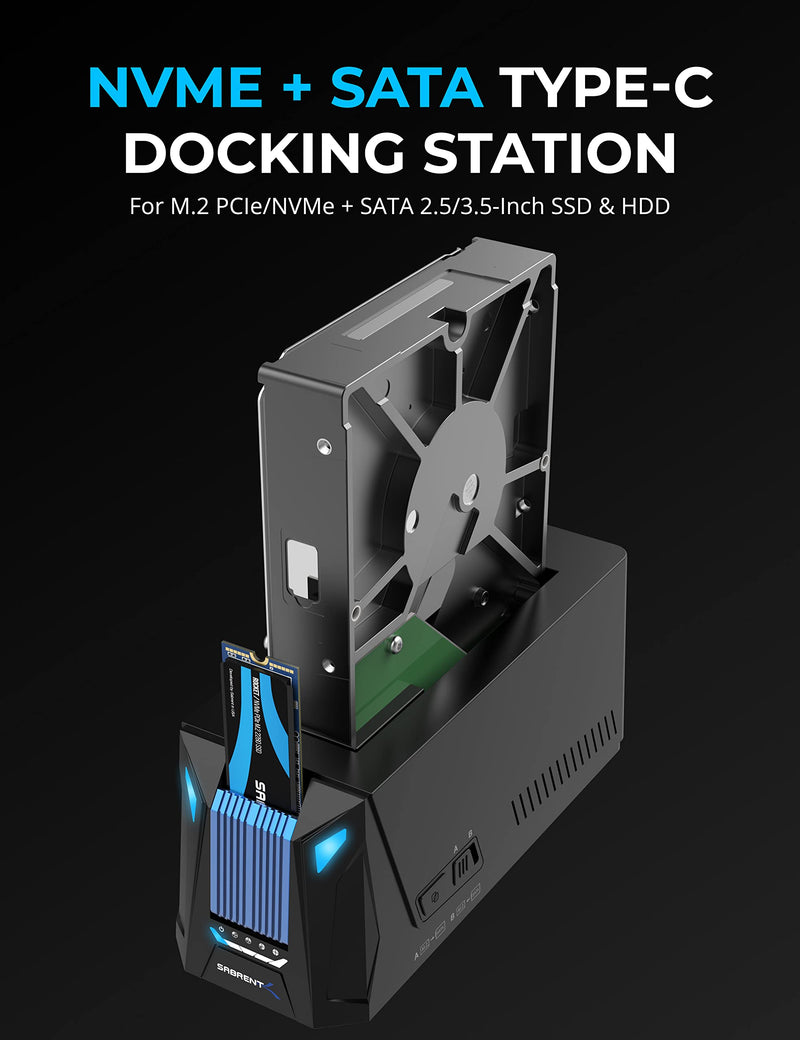 SABRENT USB C Docking Station for M.2 PCIe/NVMe and SATA 2.5/3.5 Inch SSD & HDD with Offline Cloning (DS-UNHC) NVMe + SATA Dock – USB-C