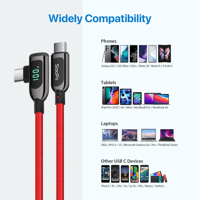 SOOPII 100W Right Angle USB C to USB C Cable,2Pack 10FT Zinc Alloy Case Nylon Braided Type-C Cable with LED Display for iPhone 17/16,lPad Air/Pro,MacBook Pro,Samsung S23/S22/S10,Pixel,LG,Red 2-Pack 10 ft Red