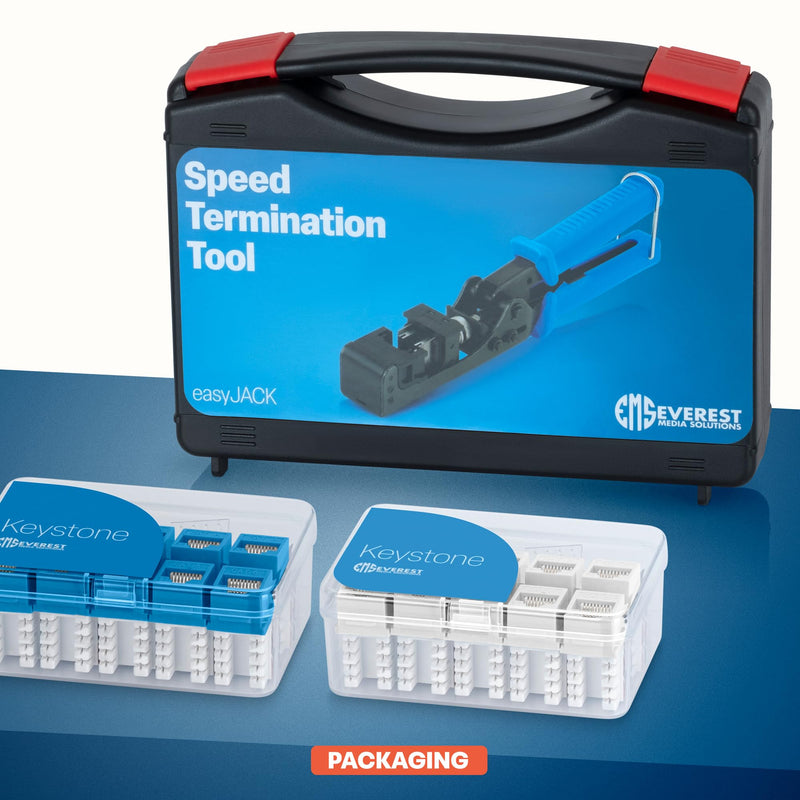 Everest easyJACK - 90° Angled Speed Termination Keystone Tool Set - with 20-Pack of RJ45 Slim Profile Cat6 Keystone Jacks (10 Blue & 10 White) - Time Saver Network Cat6 Punchdown Tool Multicolored