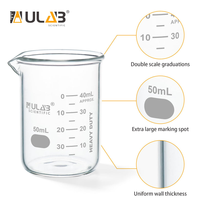 ULAB Scientific Glass Beakers Shot Glass, Vol. 50ml, 3.3 Borosilicate Griffin Low Form with Printed Graduation, Pack of 12, UBG1013 Vol.50ml,Pack of 12