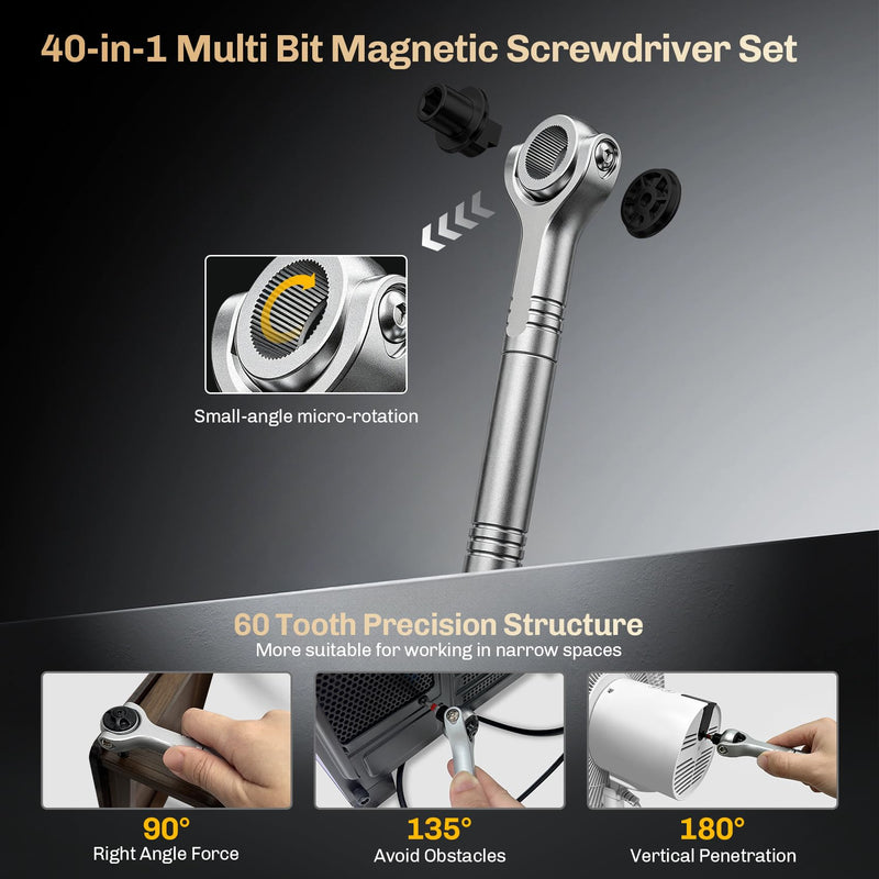 Magnetic Screwdriver Set 40-in-1 Ratchet Screwdriver Tool Kit with 270° Ball-Joint Handle - Portable CRV Bits Precision Repair Tool Set for Electronics,Computer,Phone,Bikes, Watches,Camera