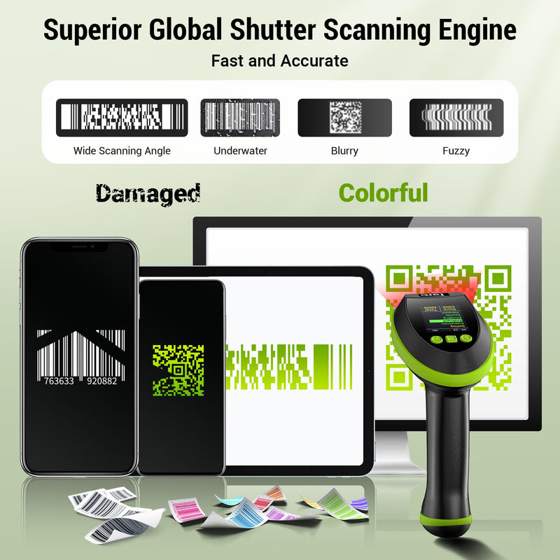 Tera Barcode Scanner Wireless 2D QR with Stand: Digital Setting Screen Keypad Pro Version Extra Fast Scanning Speed Works with Bluetooth 2.4G Wireless USB Wired Bar Code Reader HW0009-Z Green Green with Stand