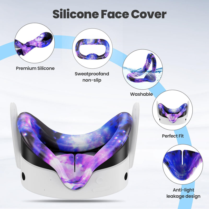 Silicone Cover Set Compatible with Meta/Oculus Quest 3s Accessories, VR Silicone Face Cover, VR Shell Cover,Touch Controller Grip Case,Camera Lens Protector Set (Starry Purple)